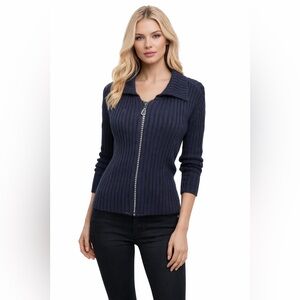 Nancy Knits Cardigan Sz L Black Rhinestone Zipper Collar Long Sleeve Ribbed